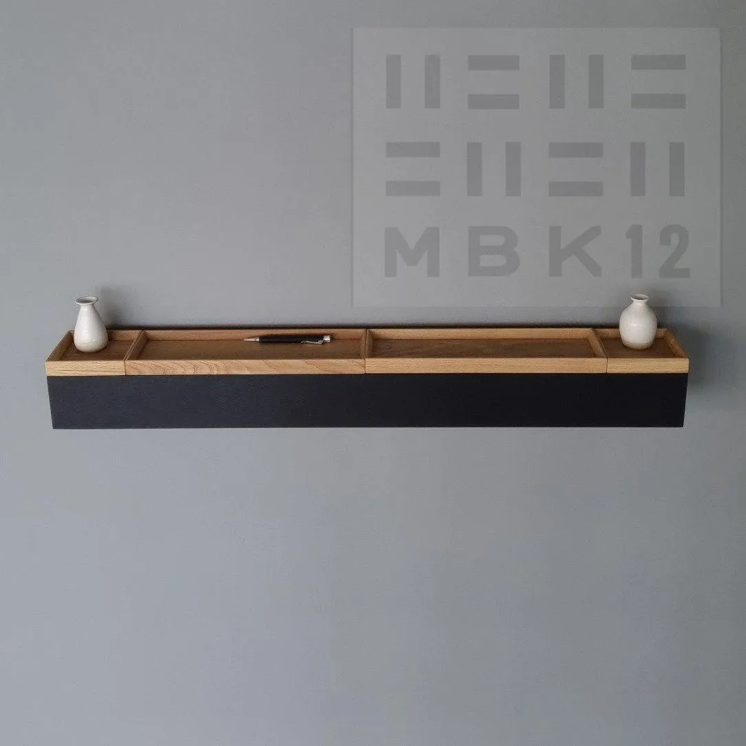 schmale Wandkonsole massive Eiche schwarz 96cm vier Tabletts