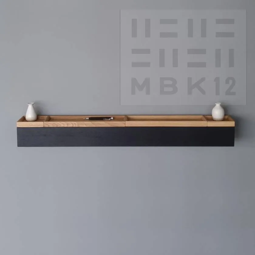 schmale Wandkonsole massive Eiche schwarz 96cm vier Tabletts