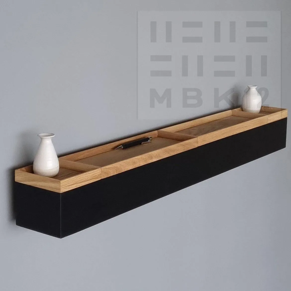 schmale Wandkonsole massive Eiche schwarz 96cm vier Tabletts